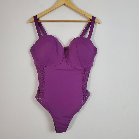 Swimsuits For All One Piece Swimsuit 20 Purple Crochet Underwire Tummy Control - Picture 2 of 15